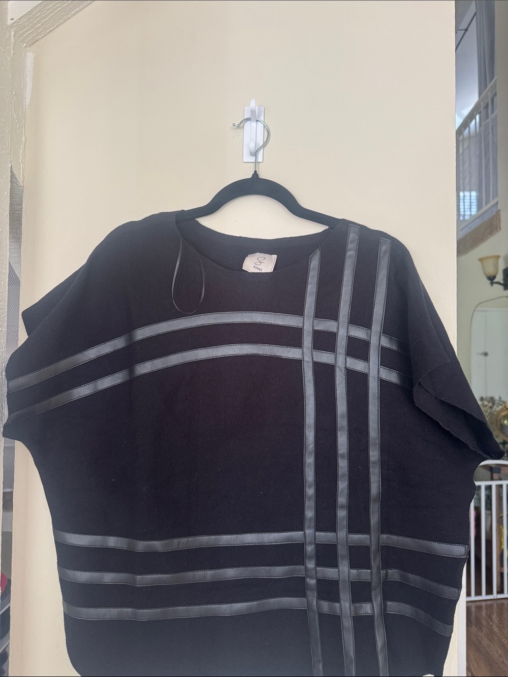 Sioni Black Crewneck Top with Satin Stripe